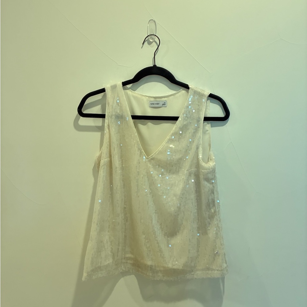 Nine West Cream Sequin Asymmetrical Tank Top